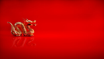 Gold dragon on red background with copy space, Year of the dragon Chinese new year 2024 concept.