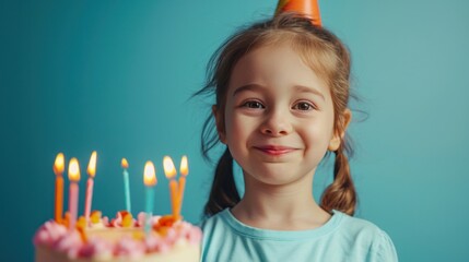 happy birthday litthe girl with birthday cake against vivid minimalist background