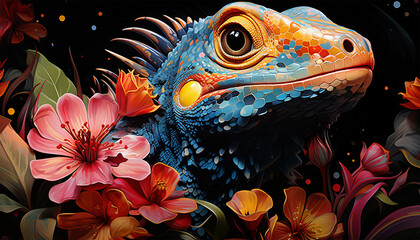 Fototapeta premium Embroidery chameleon lizard and pink flowers, meadow herbs. Summer jungle. Beautiful bouquet of flowers. Fashionable template for design. Tropical background
