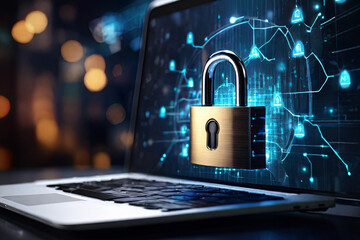 Enhance cybersecurity with a digital padlock icon on a virtual interface screen. Safeguard your online presence and protect business data privacy against cyber threats.