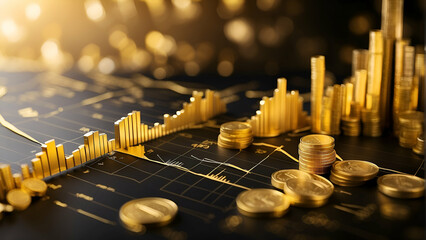financial graphs with gold theme on blurred background