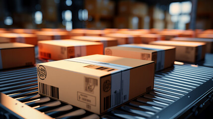 warehouse series with boxes on container, CCloseup of multiple cardboard box packages seamlessly moving along a conveyor belt in a warehouse fulfillment center, e-commerce, post  delivery concept