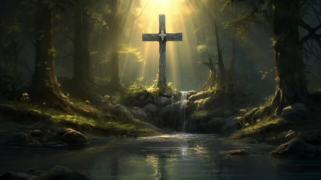 christian background lofy video jesus cross in the midle of the jungle near animated pond and waterfall with green vibes music video