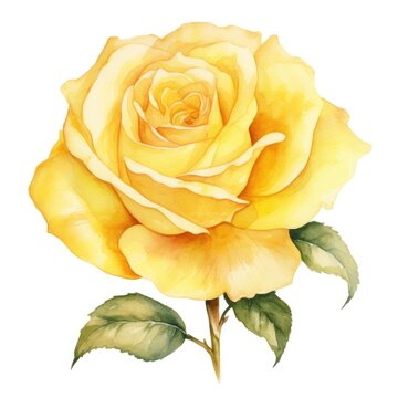 Yellow rose flower watercolor illustration. Floral blooming blossom painting on white background