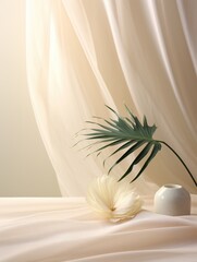 Fototapeta na wymiar palm leaf on cream background, romantic and nostalgic themes. ai generated