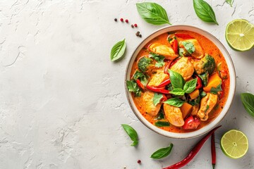 Thai chicken curry with vegetables in a bowl top view