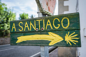 Camino de Santiago indicator sign, Santiago's road, Burguete, Navarra, Spain