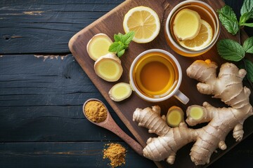 Overhead view of simple ginger tea recipe with comforting heating and healthy ingredients