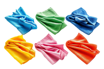 a group of colorful towels stacked on top of each other on a white background. The towels appear to be made of terrycloth and come in a variety of colors, including blue, green, yellow, and pink. Some