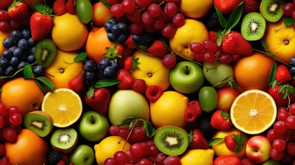 Different fruits as apple, orange, strawberry, mango, kiwi, grapes seamless pattern. Fruit repeated...