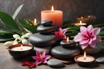 Fototapeta na wymiar Spa background with massage stone, exotic flowers and candle
