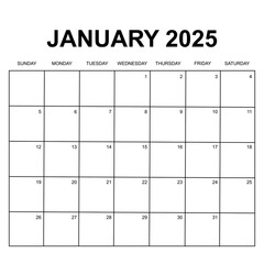 january 2025. Monthly calendar or planner design. week starts on Sunday. Printable, editable and clean design isolated on white background. 