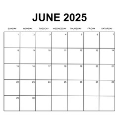 june 2025. Monthly calendar or planner design. week starts on Sunday. Printable, editable and clean design isolated on white background. 