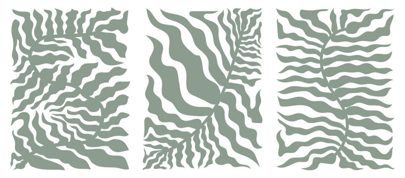 Groovy retro abstract leaf backgrounds. doodle shapes in trendy naive hippie 60s 70s style. Square wavy vector illustration in green sage colors.