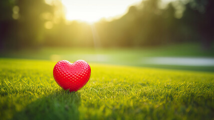 Valentine's day heart shaped golf ball on green grass background banner