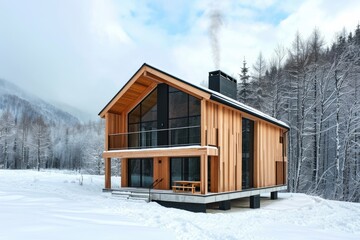 Wooden house in snowy mountains