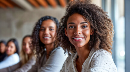 Diverse Group of Women Smiling Together in Workplace