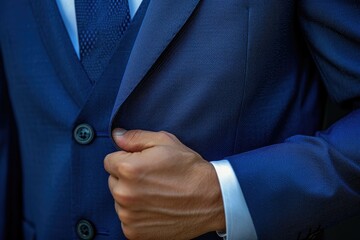 Close up of a businessman s hand in a blue suit