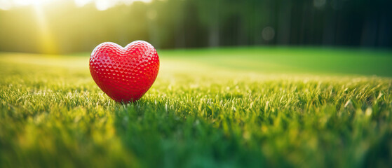Valentine's day heart shaped golf ball on green grass background banner, copy space