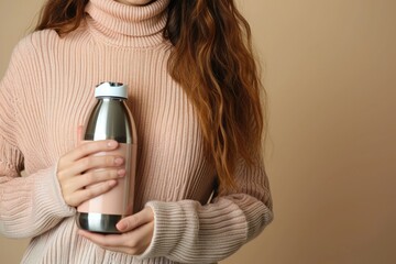Closeup of woman with thermos bottle on beige background - obrazy, fototapety, plakaty