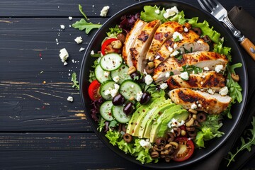 Rotisserie Chicken Salad with avocado lettuce olives cucumber tomato and feta in black bowl on wood table with fork - obrazy, fototapety, plakaty