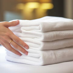 Obraz na płótnie Canvas Putting clean towels in the hotel room.