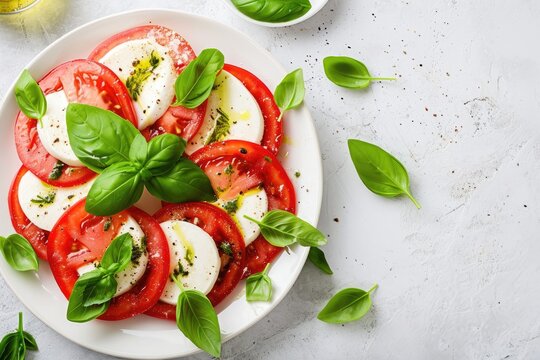 Italian caprese salad with sliced tomatoes mozzarella basil and olive oil from above