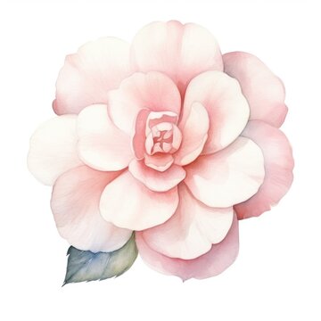 Camellia pink flower watercolor illustration. Floral blooming blossom painting on white background