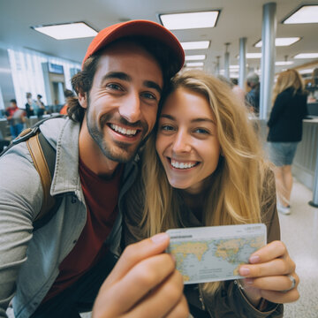 Couple showing the plane ticket for a trip.