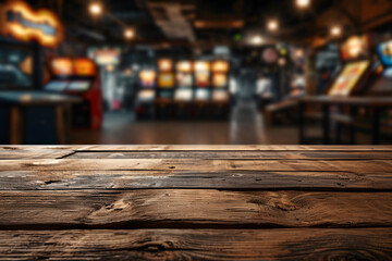 Fototapeta na wymiar Empty Wooden Tabletop with Blurry Arcade Game Center Background, Retro Gaming Haven