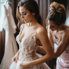 Obraz na płótnie Canvas Putting the dress on the bride.