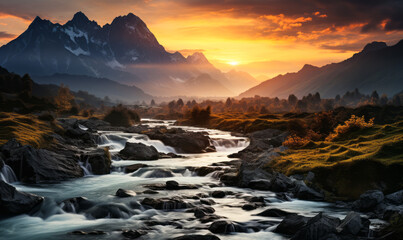 Sunset over misty mountains with winding river and autumn foliage - a serene landscape at dusk