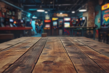 Wooden Tabletop Foreground, Background of Blurry Arcade Games Vintage Entertainment background