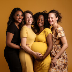 Pregnant women on yellow background.