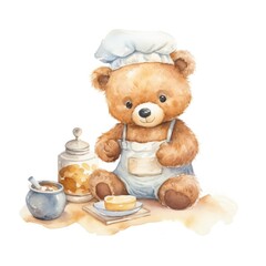 Cute baby bear cub character cooking in chefs hat watercolor illustration for children book.