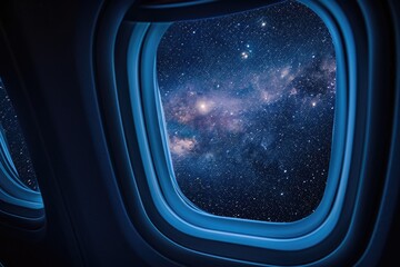 Nighttime view from airplane window with starry sky and Milky Way