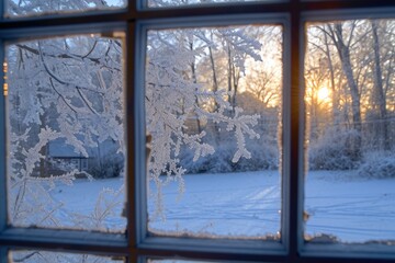 Winter view through window with morning frost