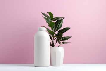 a bottle of milk next to a plant