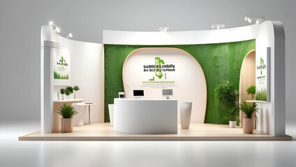 3d render exhibition booth with nature theme. Exhibition stand mockup template