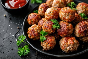 Beef meatballs cooked on black background ready to eat