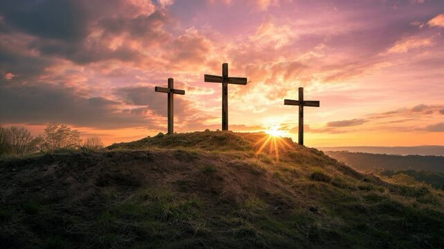 morning vibes with red sky three cross on the hill of golgotha jesus bible easter christmas
