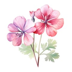 Geranium flower watercolor illustration. Floral blooming blossom painting on white background