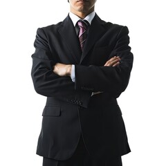 Obraz na płótnie Canvas Businessman in black suit with arms crossed isolated on white background.
