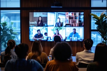 Diverse company employees having online business conference video call on tv screen monitor in board meeting room. Videoconference presentation, global virtual group corporate training concept.
 - obrazy, fototapety, plakaty