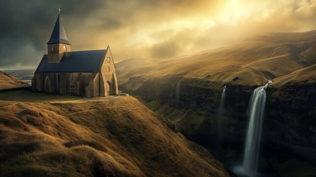 small chruch in the front of a waterfall in the top of a hill with morning orange sky