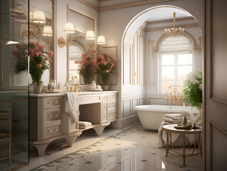 Modern bathroom with sinks and a large mirror