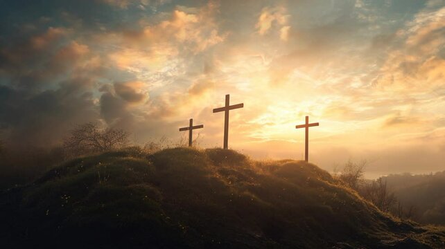 three cross on the hill with red sky hill of calvary christianity golgotha hill cathilic place