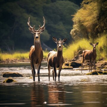 Some deer standing tidal river water images Generative AI