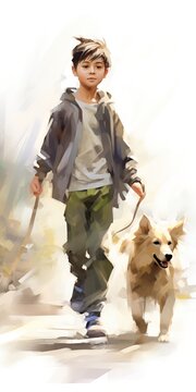 boy walking with his dog