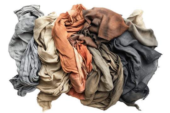 Isolated pile of clothes and assorted waste items including a garbage bag, plastic, and paper, creating a cluttered and environmentally concerning scene - Powered by Adobe